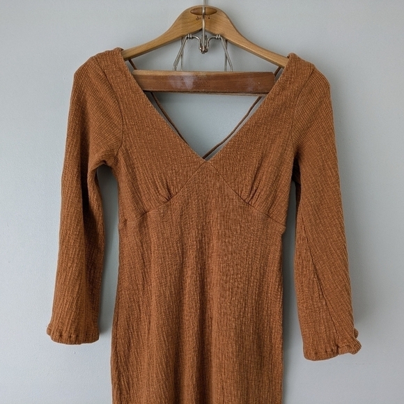 Free People Dress Women's S Brown Tan Midi V-Neck Strappy Back Beach Cotton - Picture 2 of 9